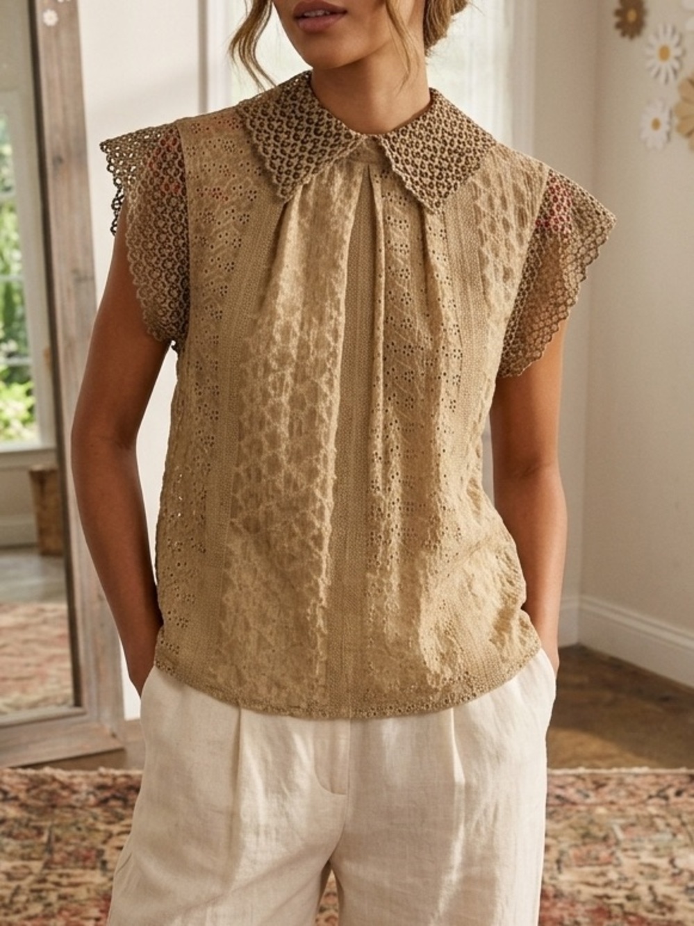Crosstree Lane 100% Cotton Eyelet Lace Boho Collared Blouse L